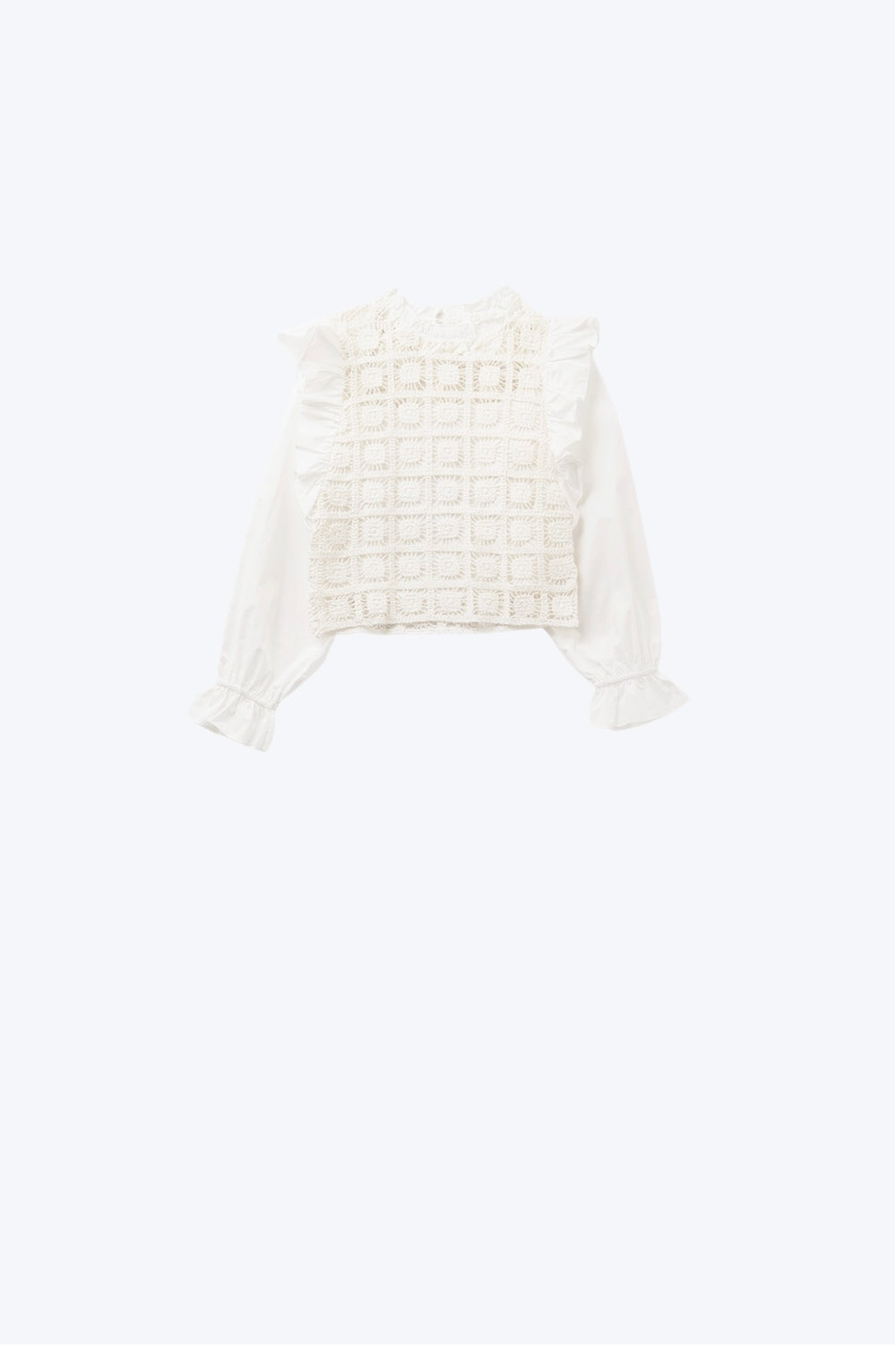 white Crochet Top with Ruffle Trim and long sleeves
