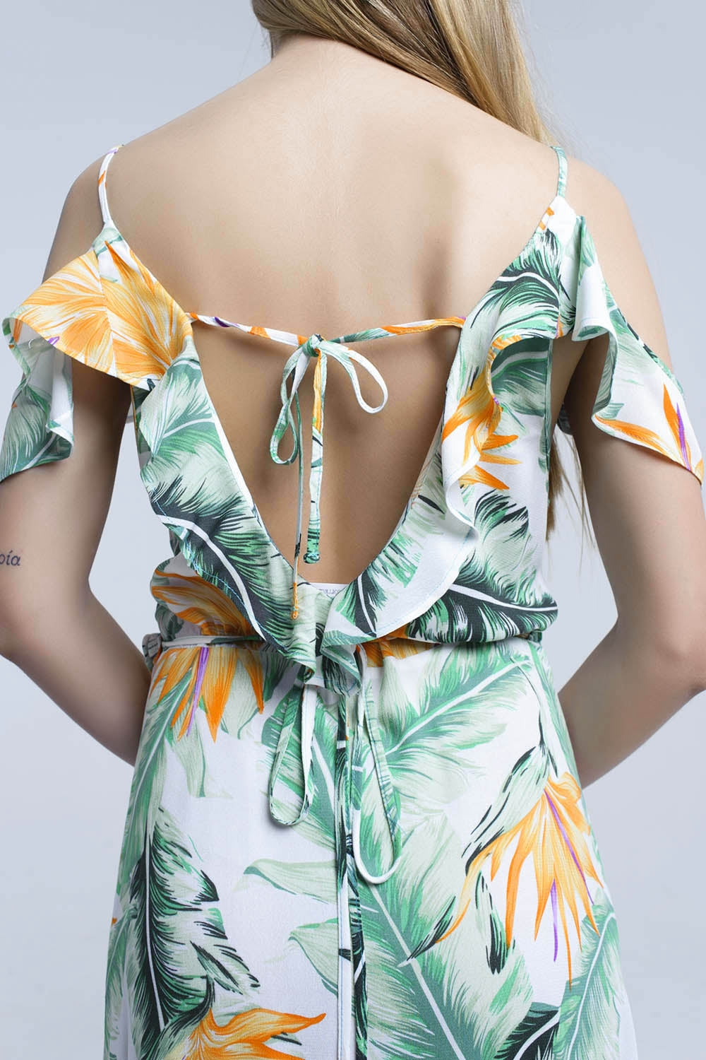 White midi dress in tropical leaves