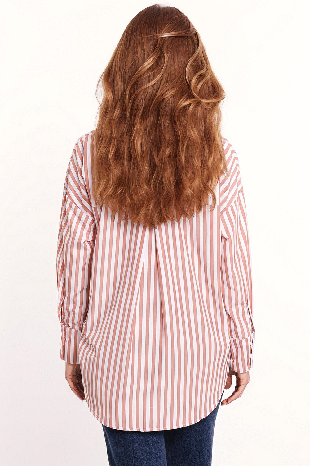 Witte oversized blouse met verticale strepen in roze en borstzakje