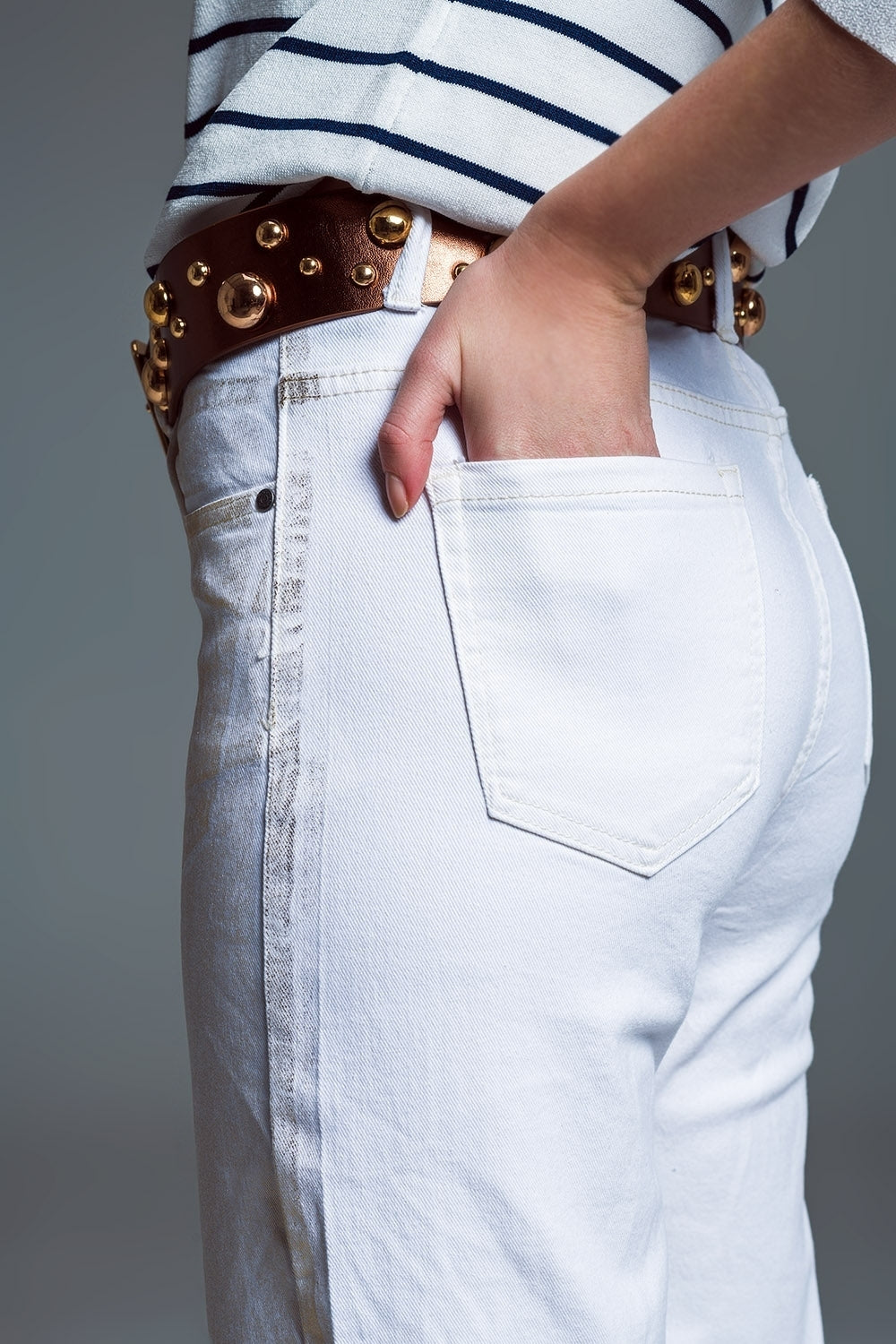 Witte wijde jeans met metallic afwerking in goud