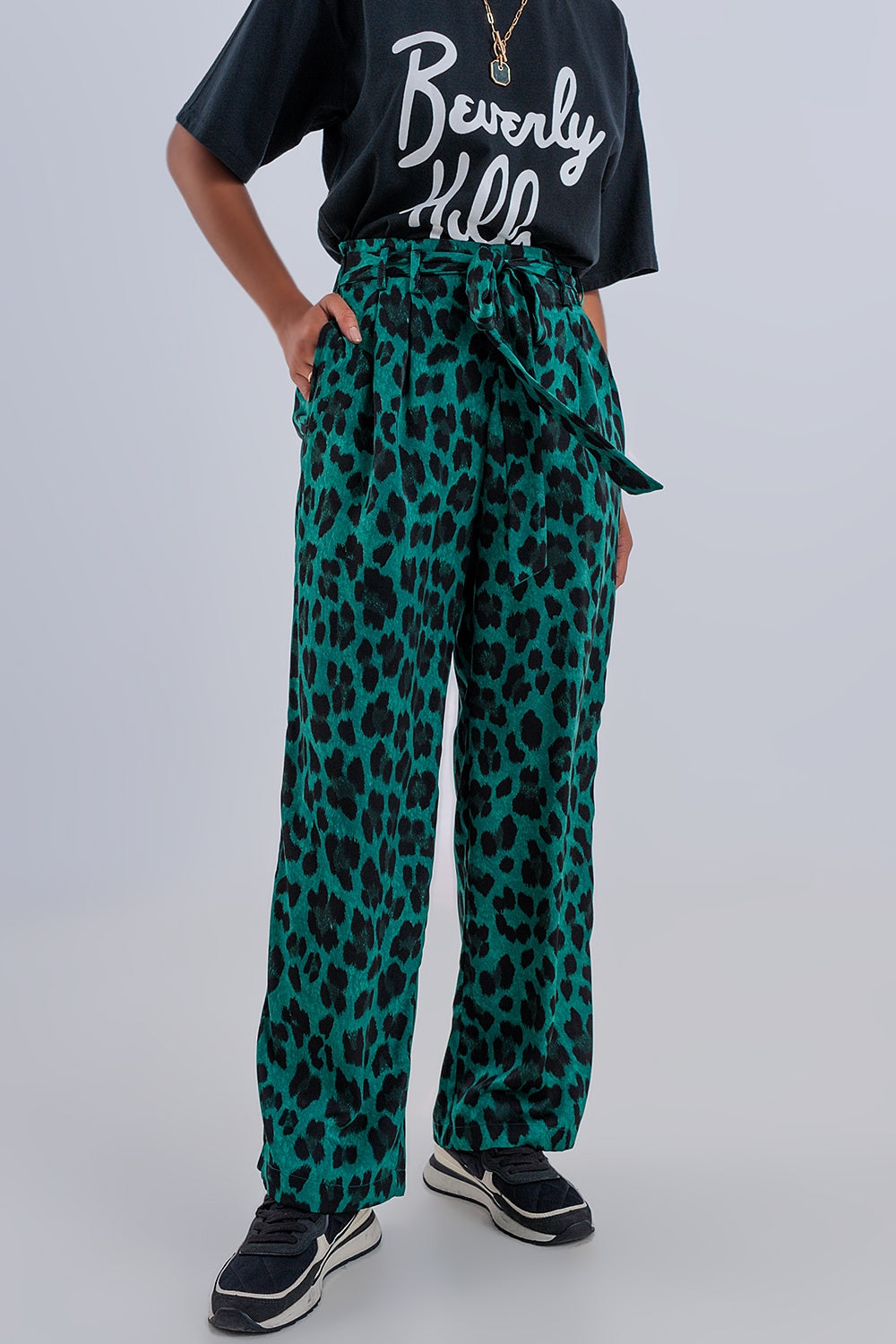 Wide leg pants in green leopard print