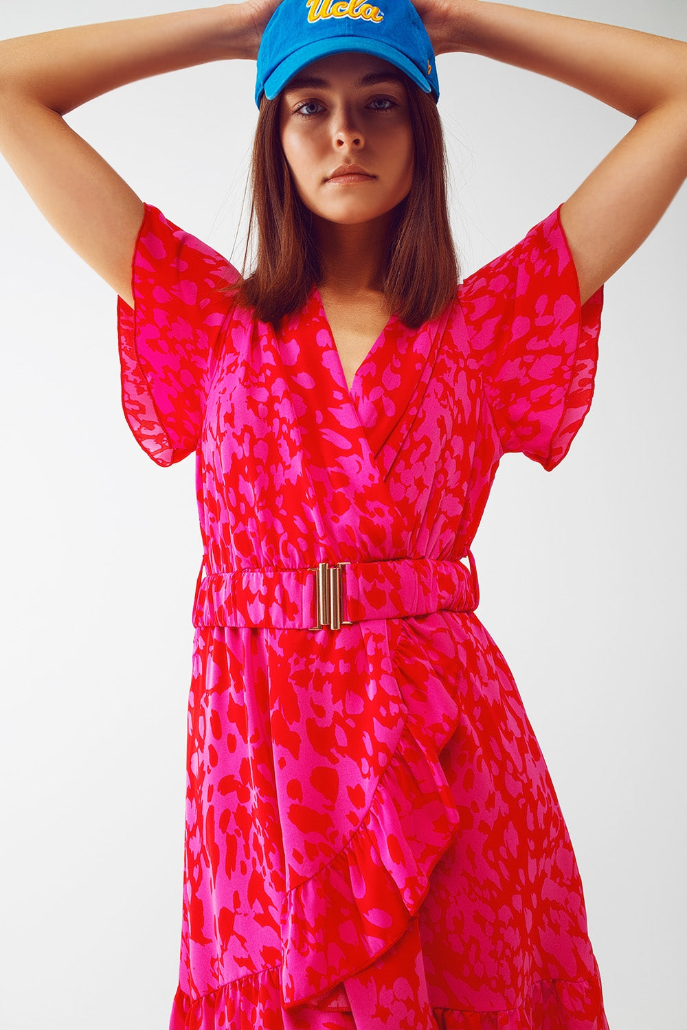 Wrap Belted Animal Print Mini Dress in Fuchsia