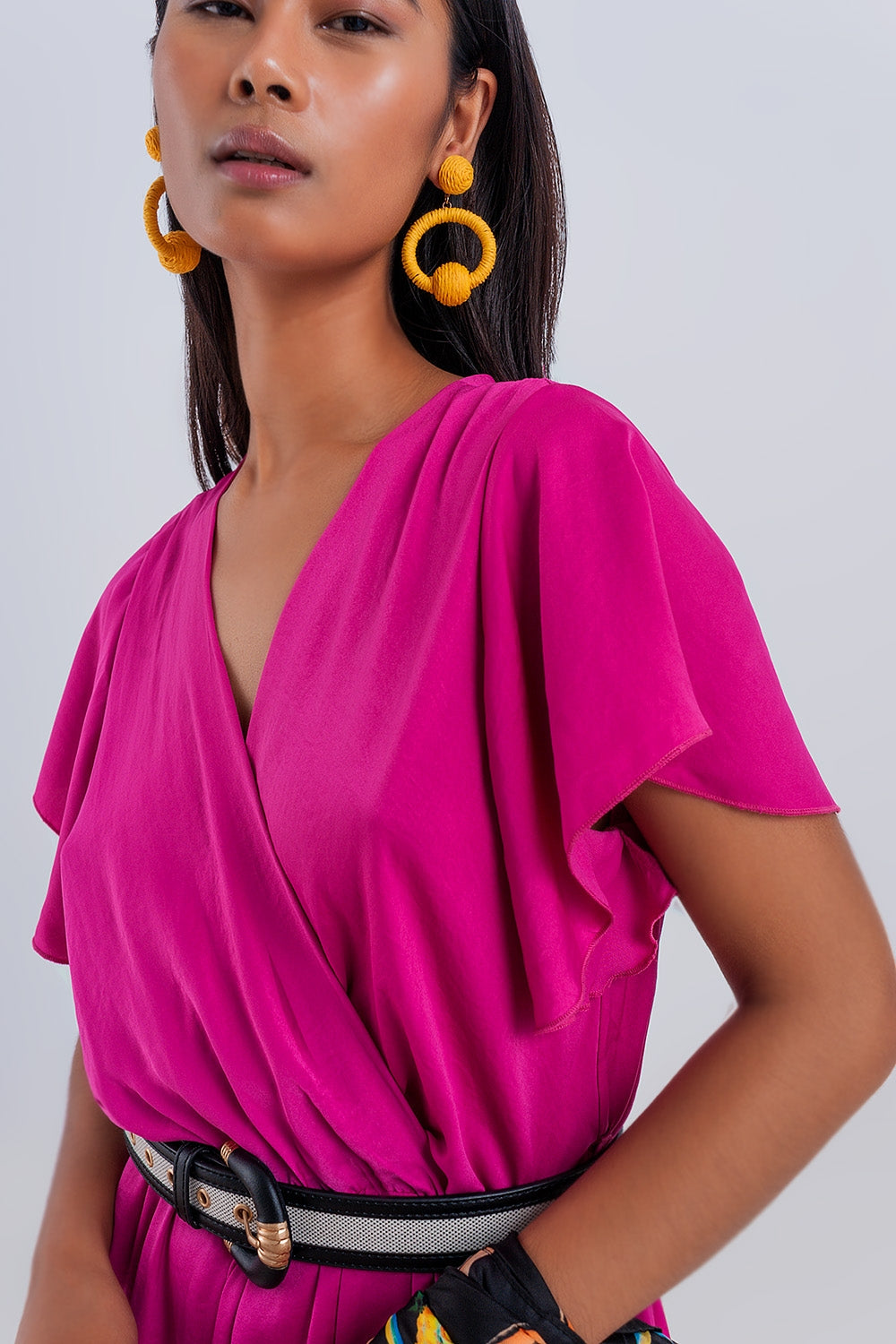 Wrap front frill hem jumpsuit in fuchsia