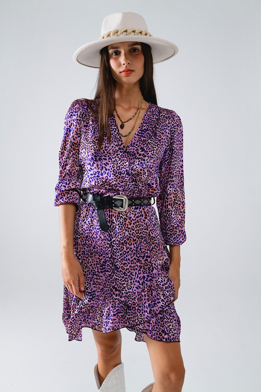 Wrap purple animal print dress with ruffle skirt