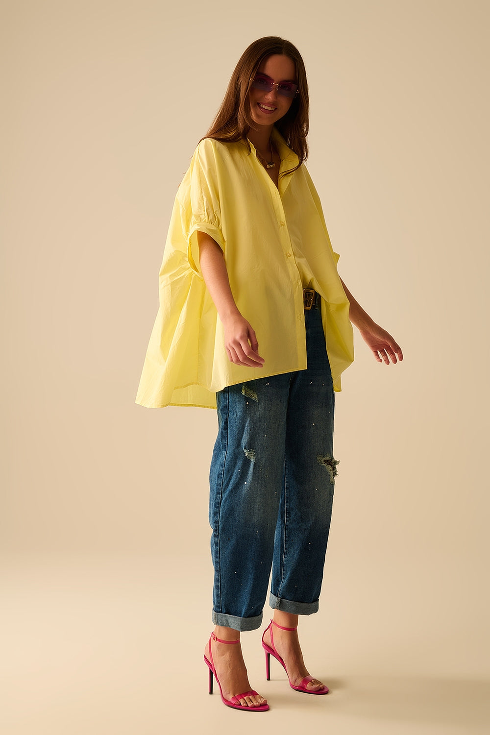 Yellow oversized blouse with short sleeve