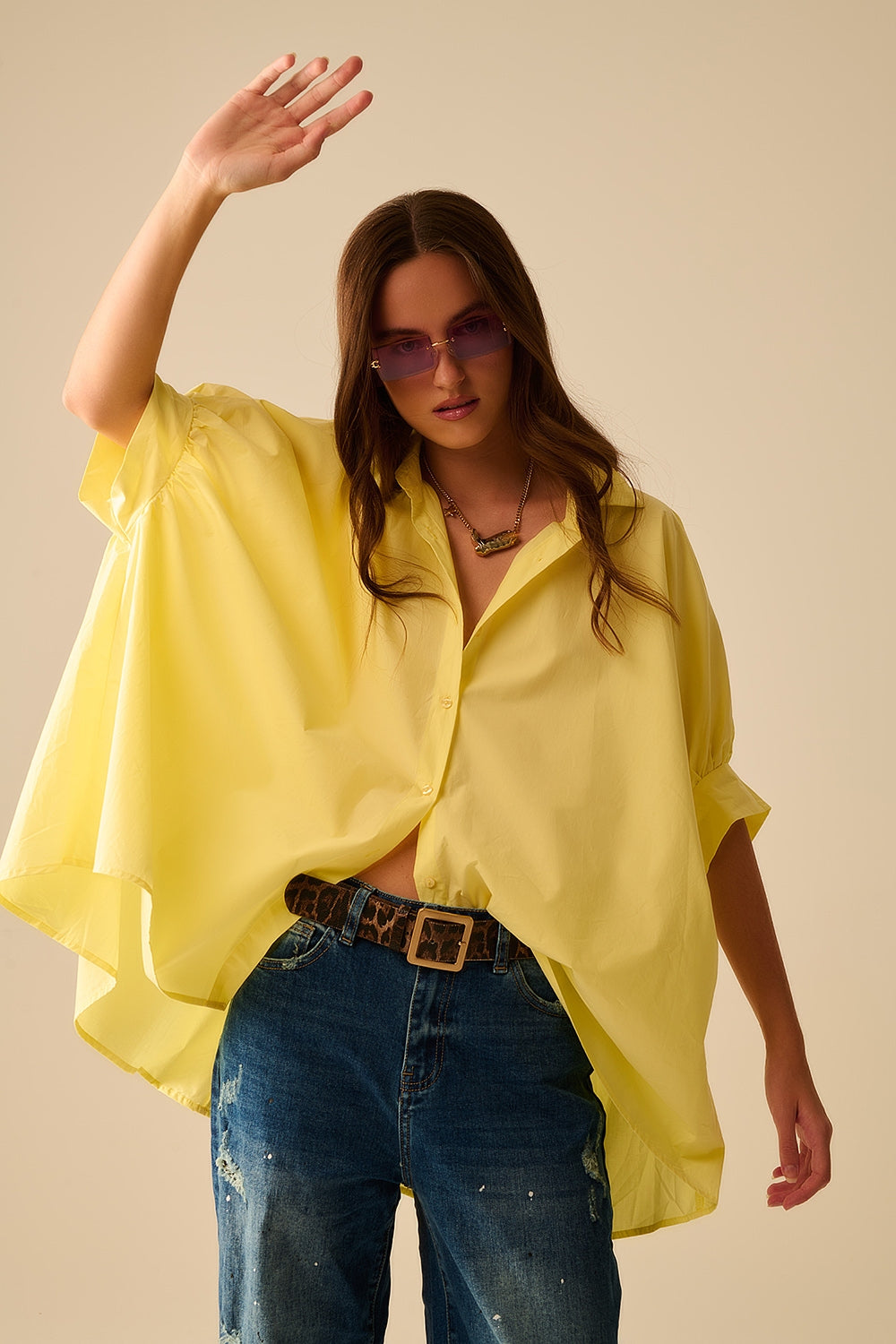 Yellow oversized blouse with short sleeve
