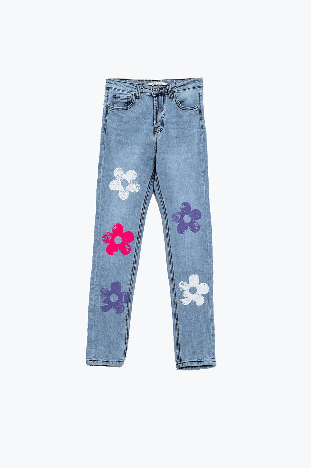 Calça de ganga Skinny 5 Bolsos com Detalhe de Flor