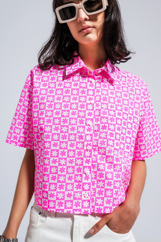 Camisa rosa curta dos anos 90 com botões