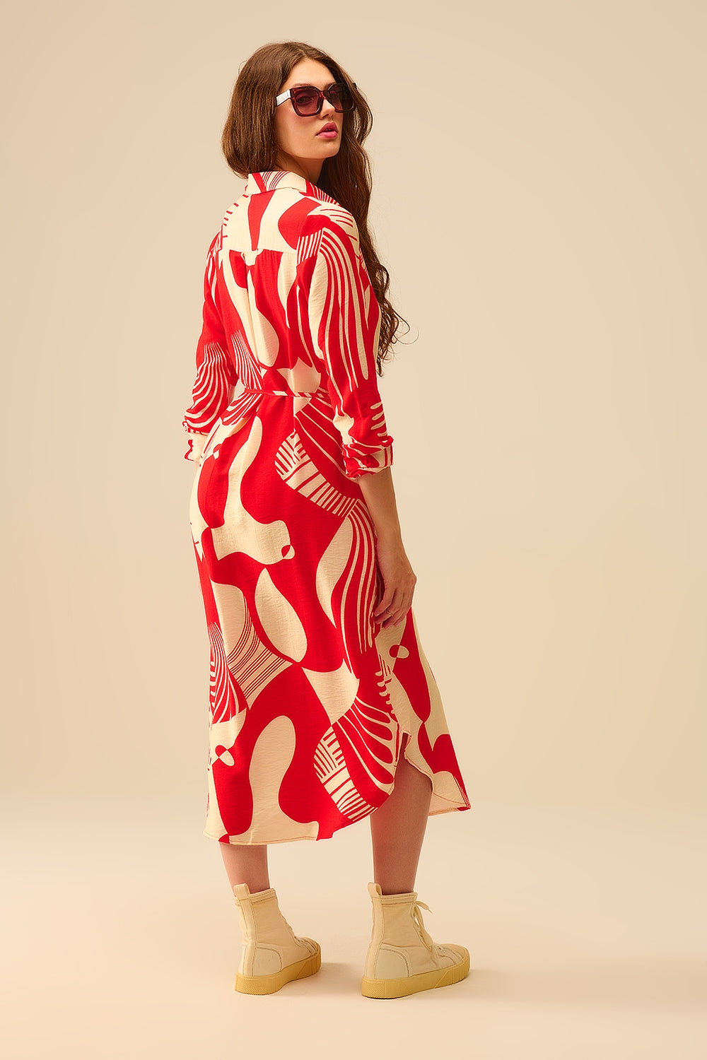abstract print button-down dress in red