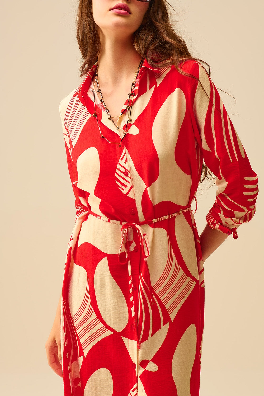 abstract print button-down dress in red