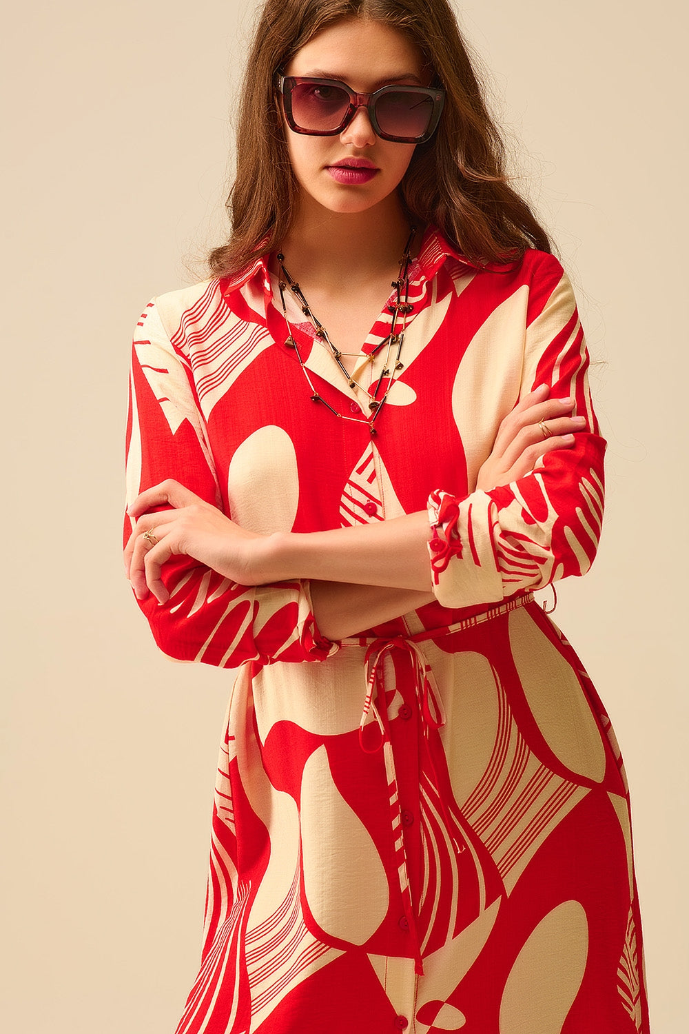 abstract print button-down dress in red