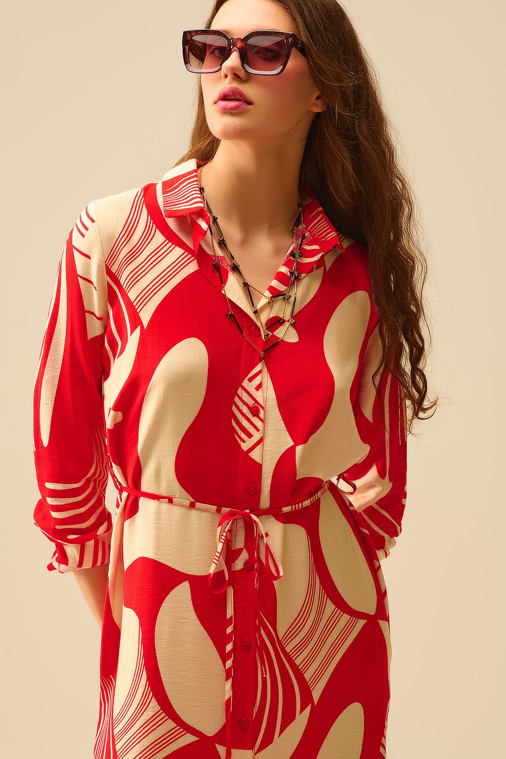 abstract print button-down dress in red