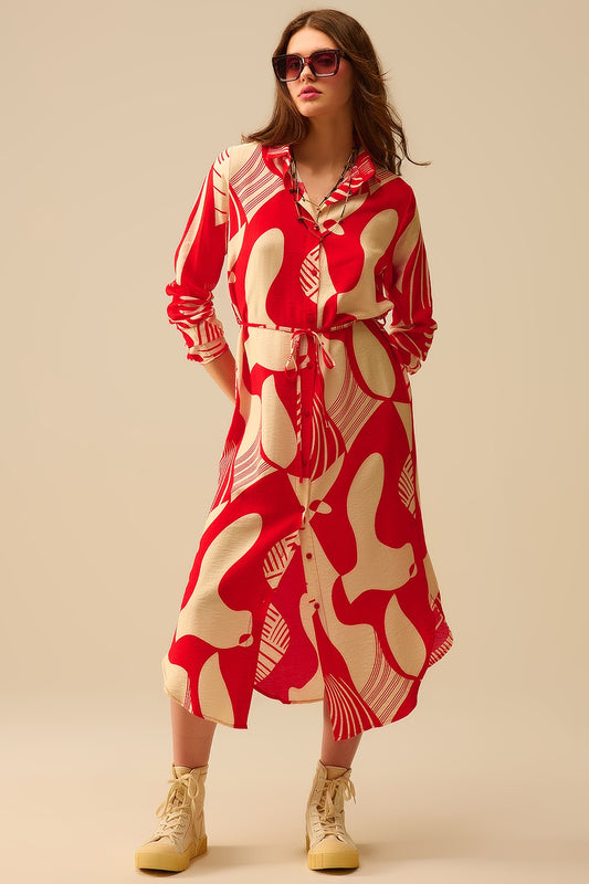 Q2 abstract print button-down dress in red