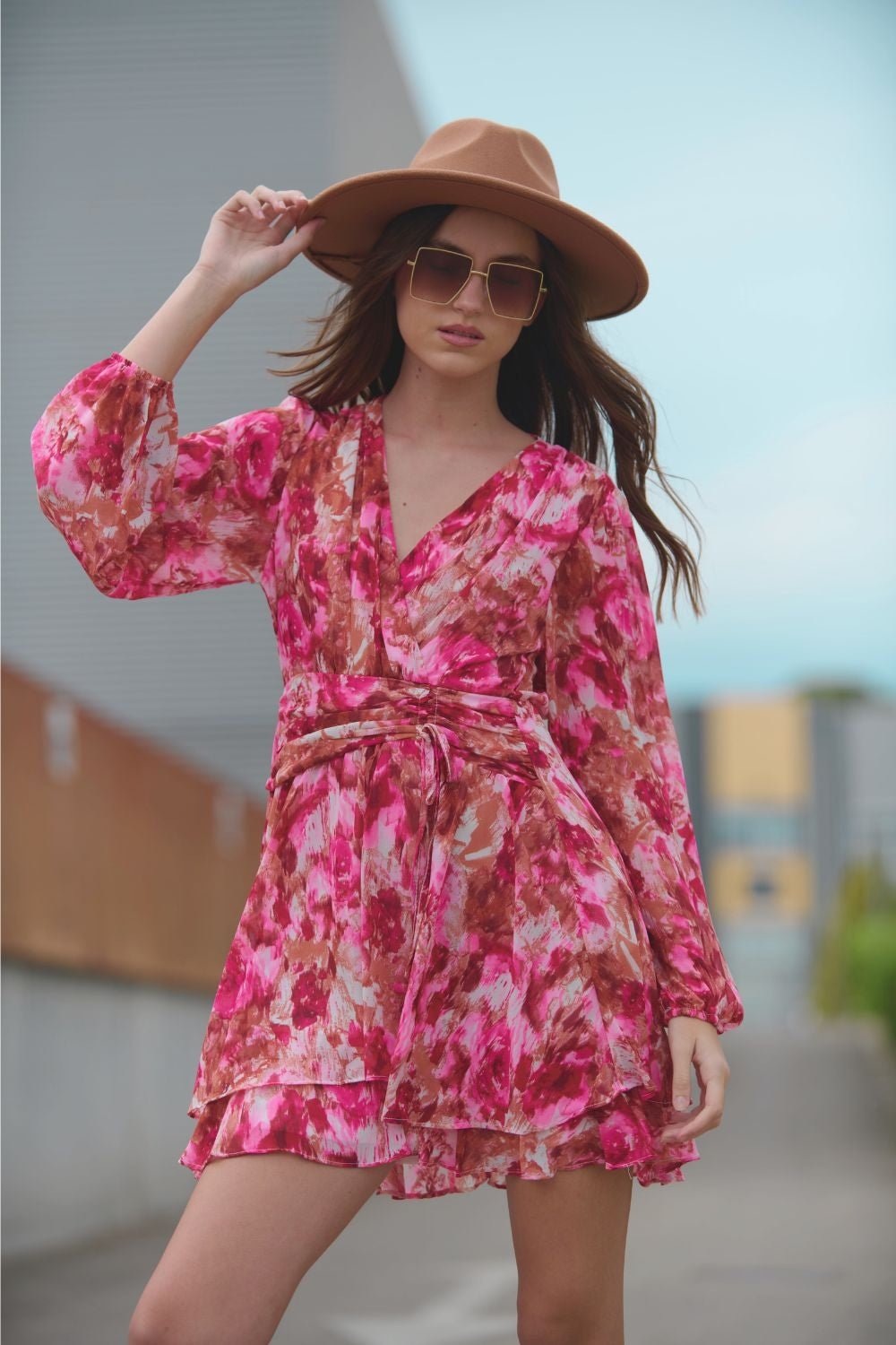 Q2 Abstract Print Mini V Neck Dress With Rouche at Waist