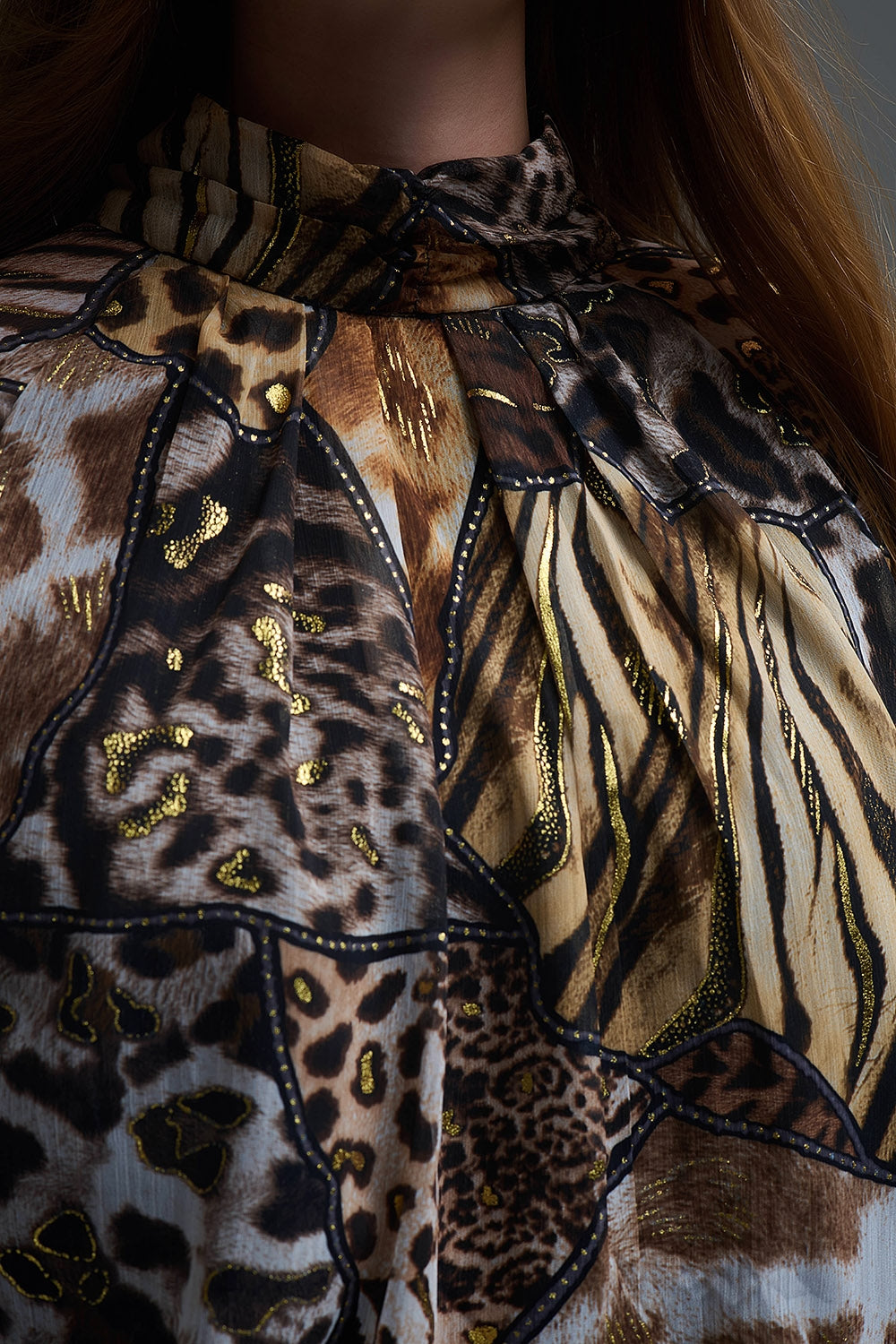 animal print chiffon shirt with gold details