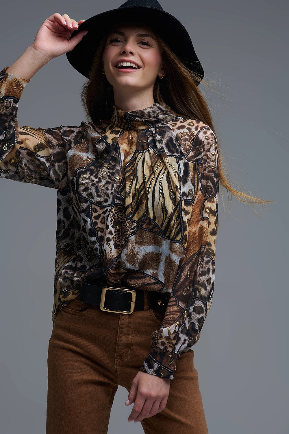 Q2 animal print chiffon shirt with gold details