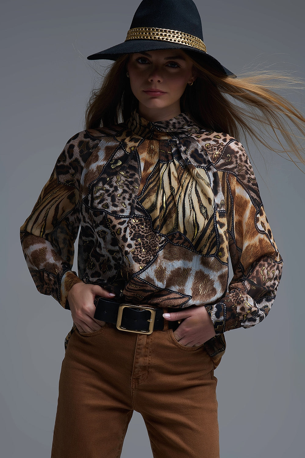 animal print chiffon shirt with gold details