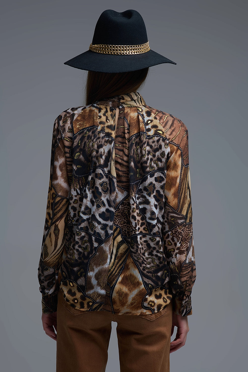 animal print chiffon shirt with gold details