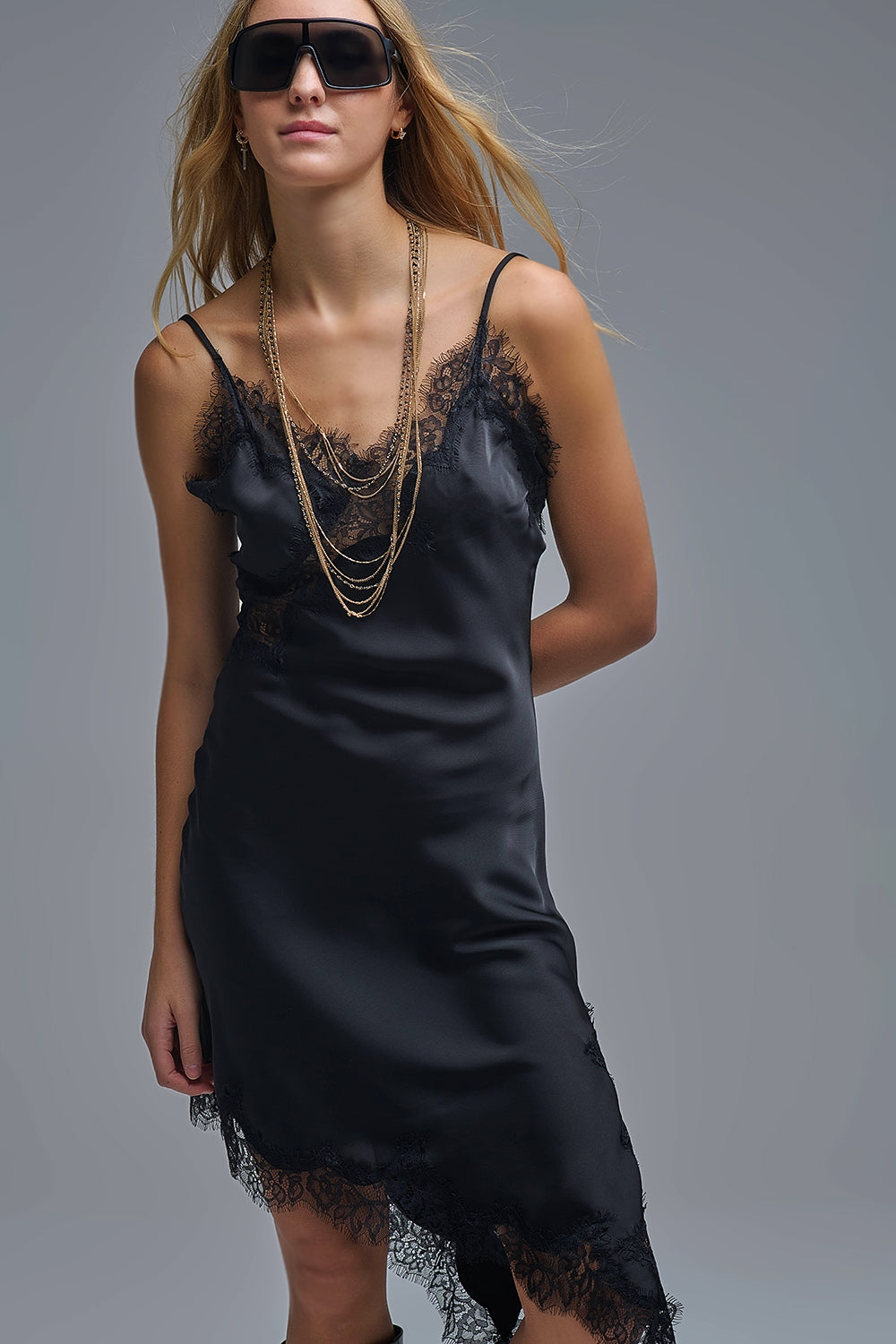 Asymetrical Satin Lace Dress in black