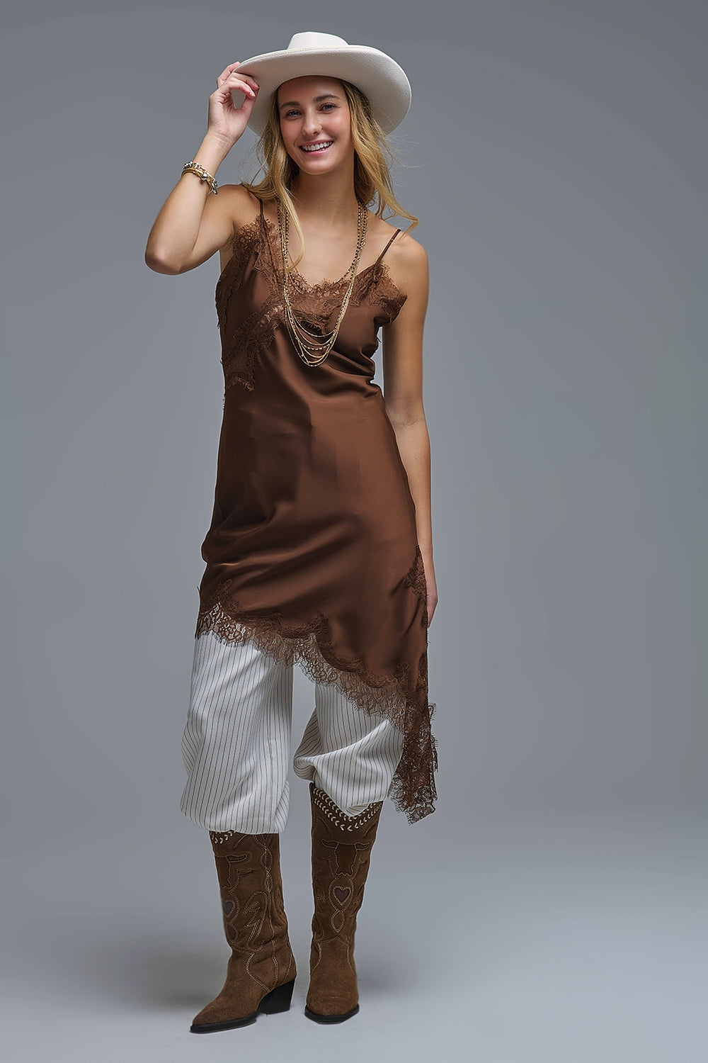 Asymetrical Satin Lace Dress in brown