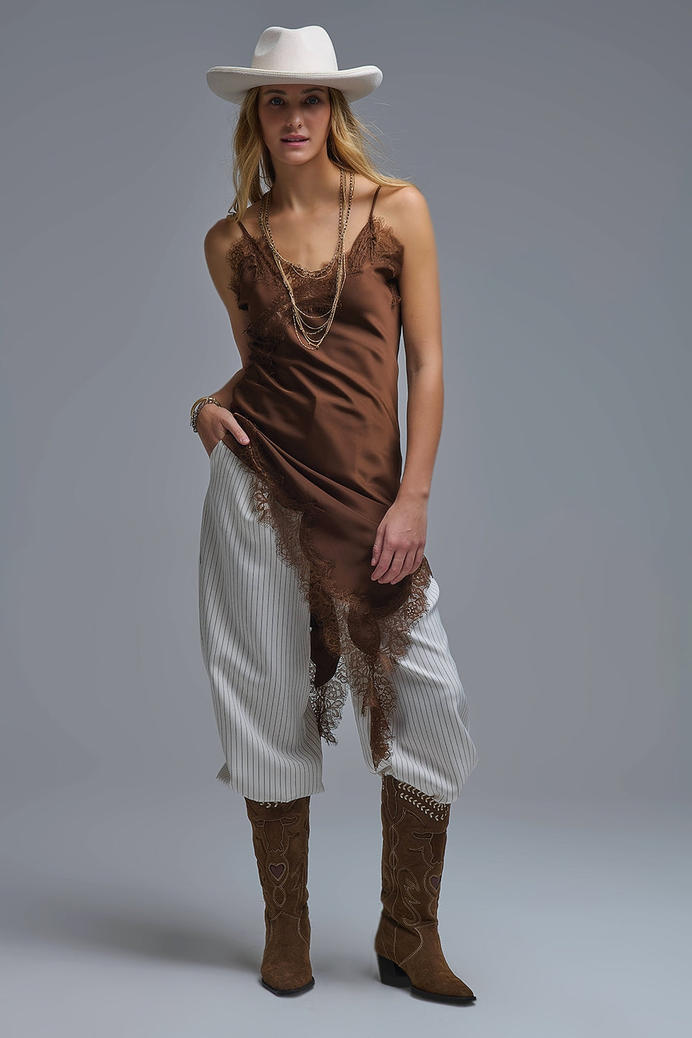 Asymetrical Satin Lace Dress in brown