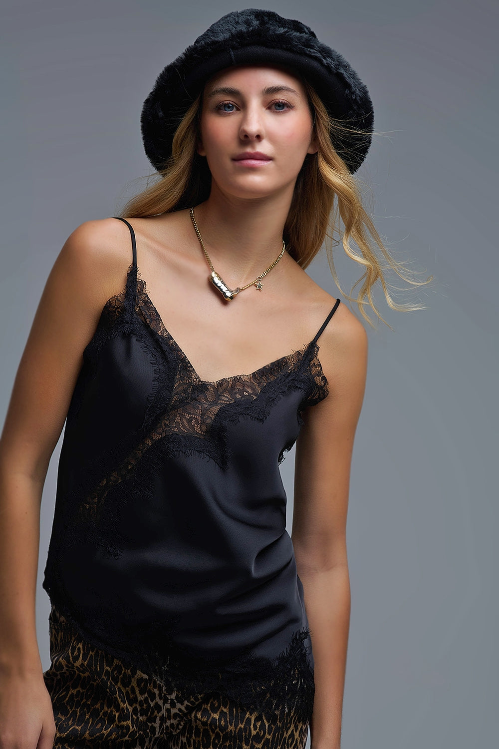 Q2 asymmetrical Satin Top in black with Laced Design
