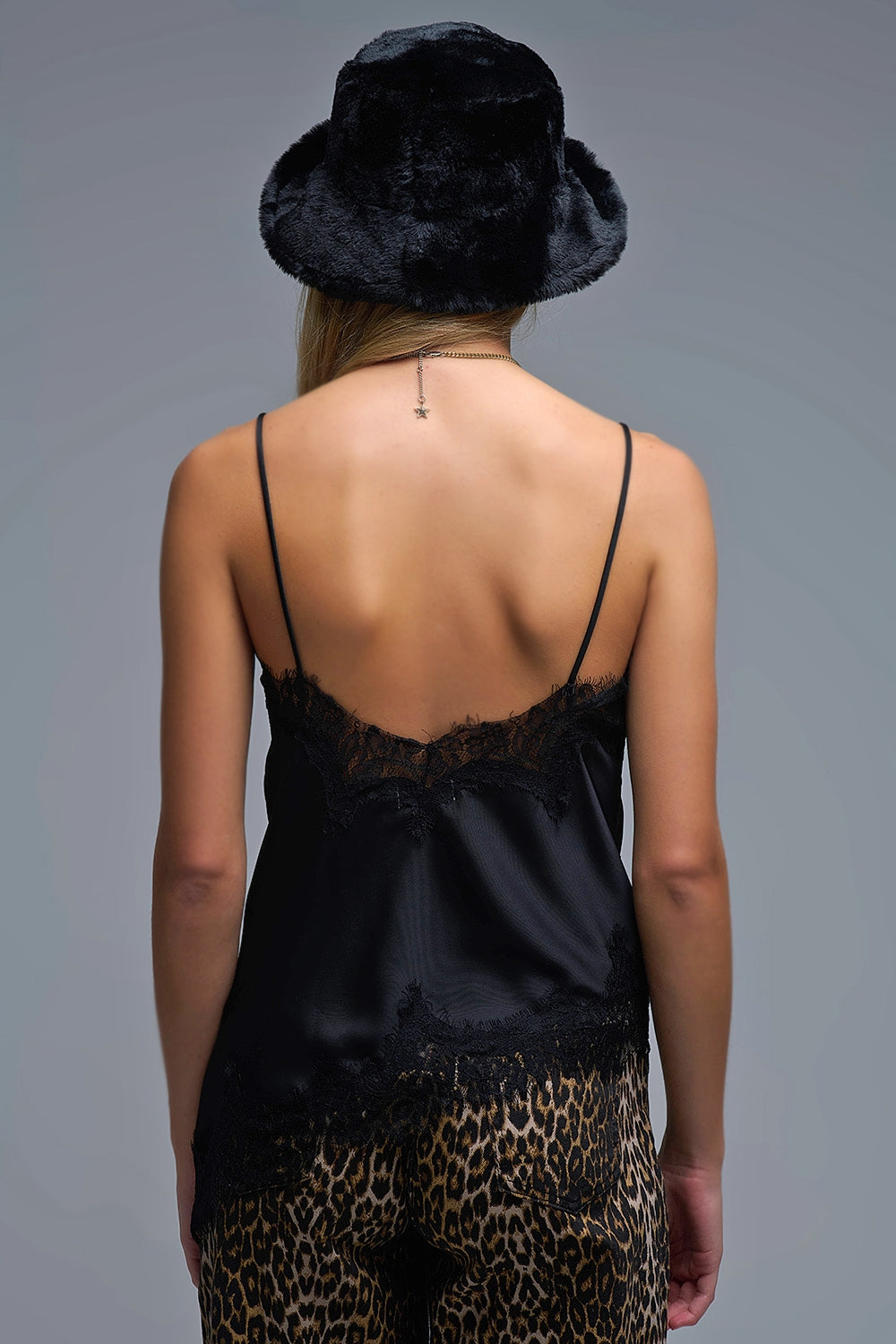 asymmetrical Satin Top in black with Laced Design