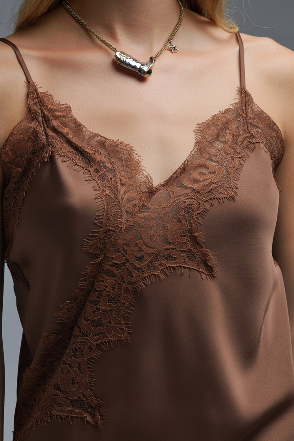 asymmetrical Satin Top in brown with Laced Design