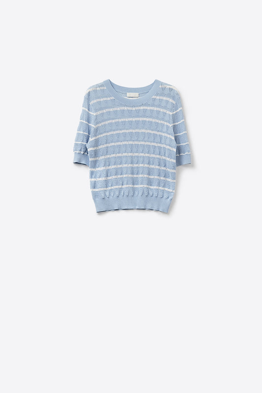 Q2 baby Blue Openwork Knit Top with Short Sleeves and White Stripes