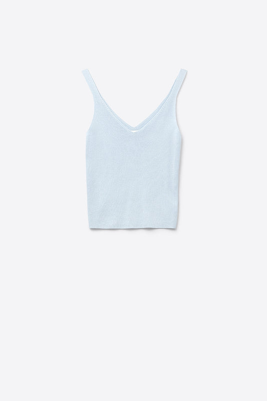 Q2 Baby Blue ribbed knit top with V-neck and spaghetti straps