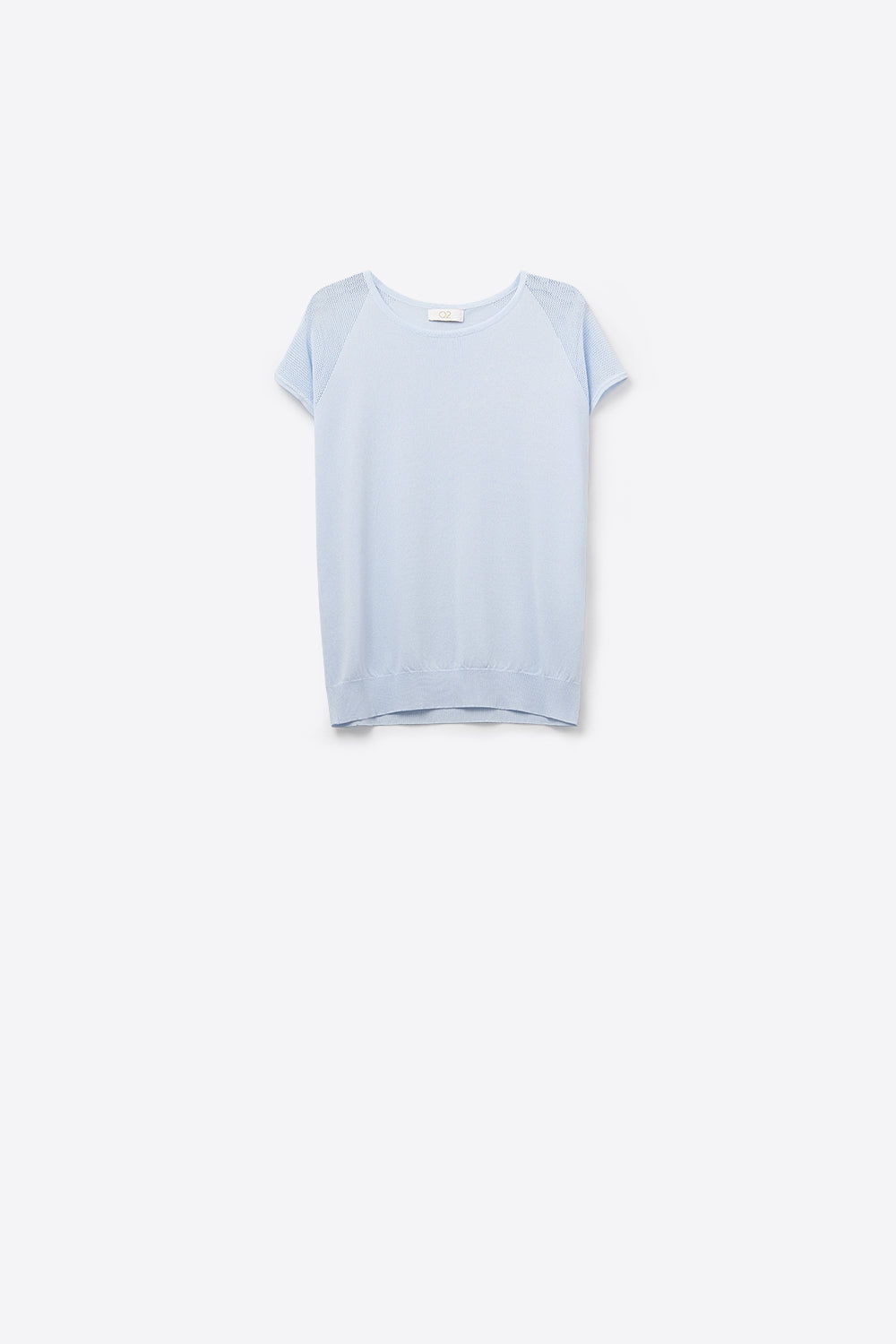 Q2 baby Blue Short Sleeve Sweater with knitted mesh on the shoulder