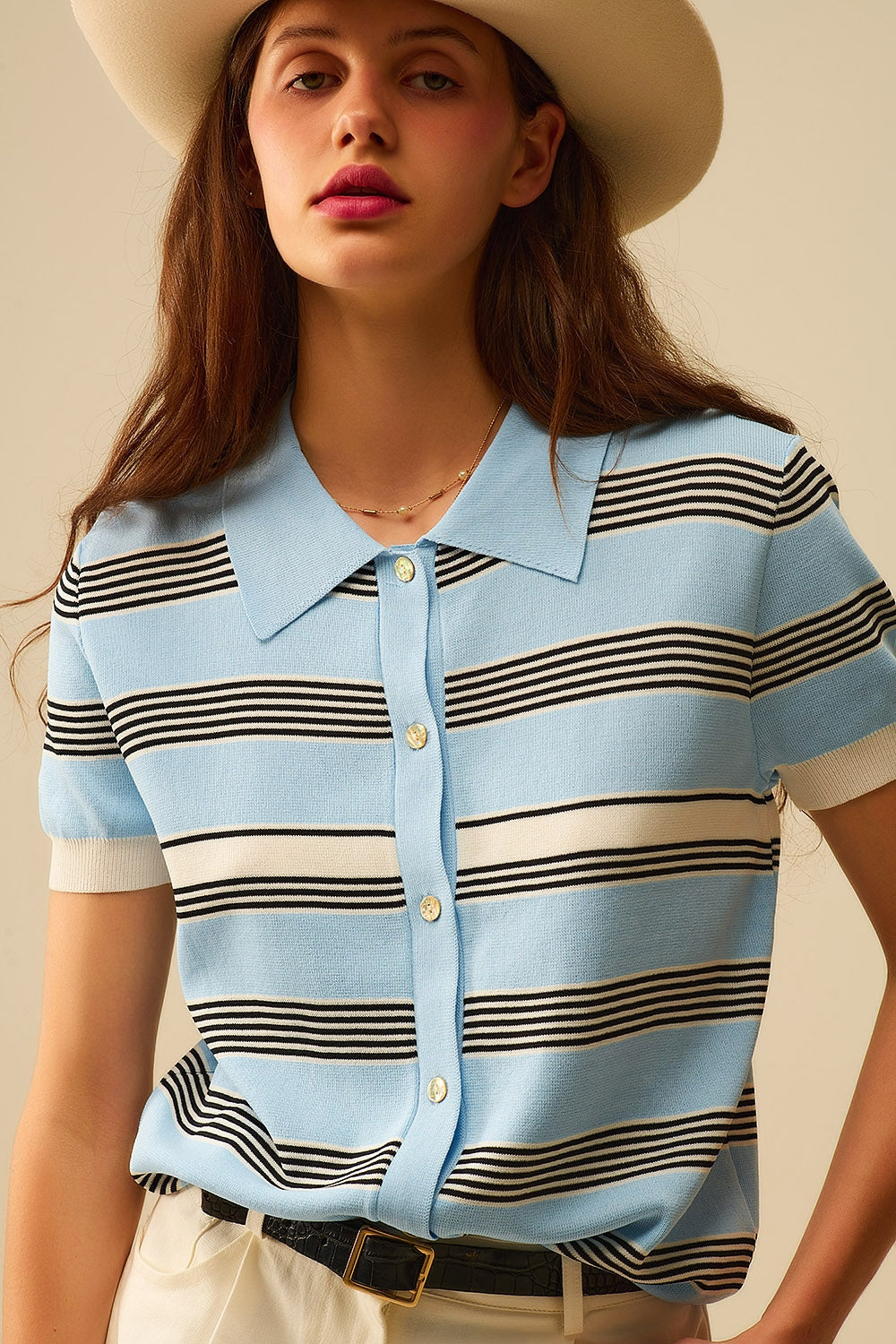 Q2 Baby Blue Striped Button-Up Polo