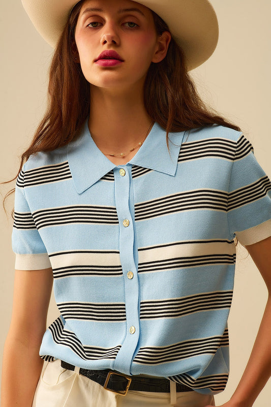 Q2 Baby Blue Striped Button-Up Polo