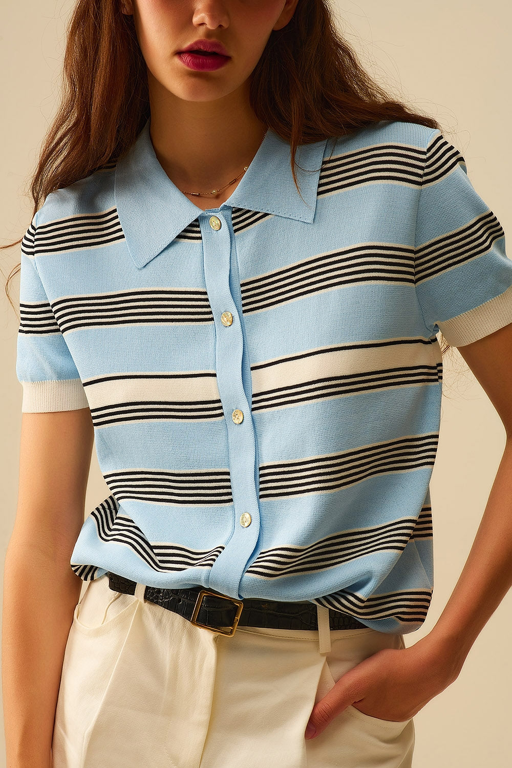 Baby Blue Striped Button-Up Polo