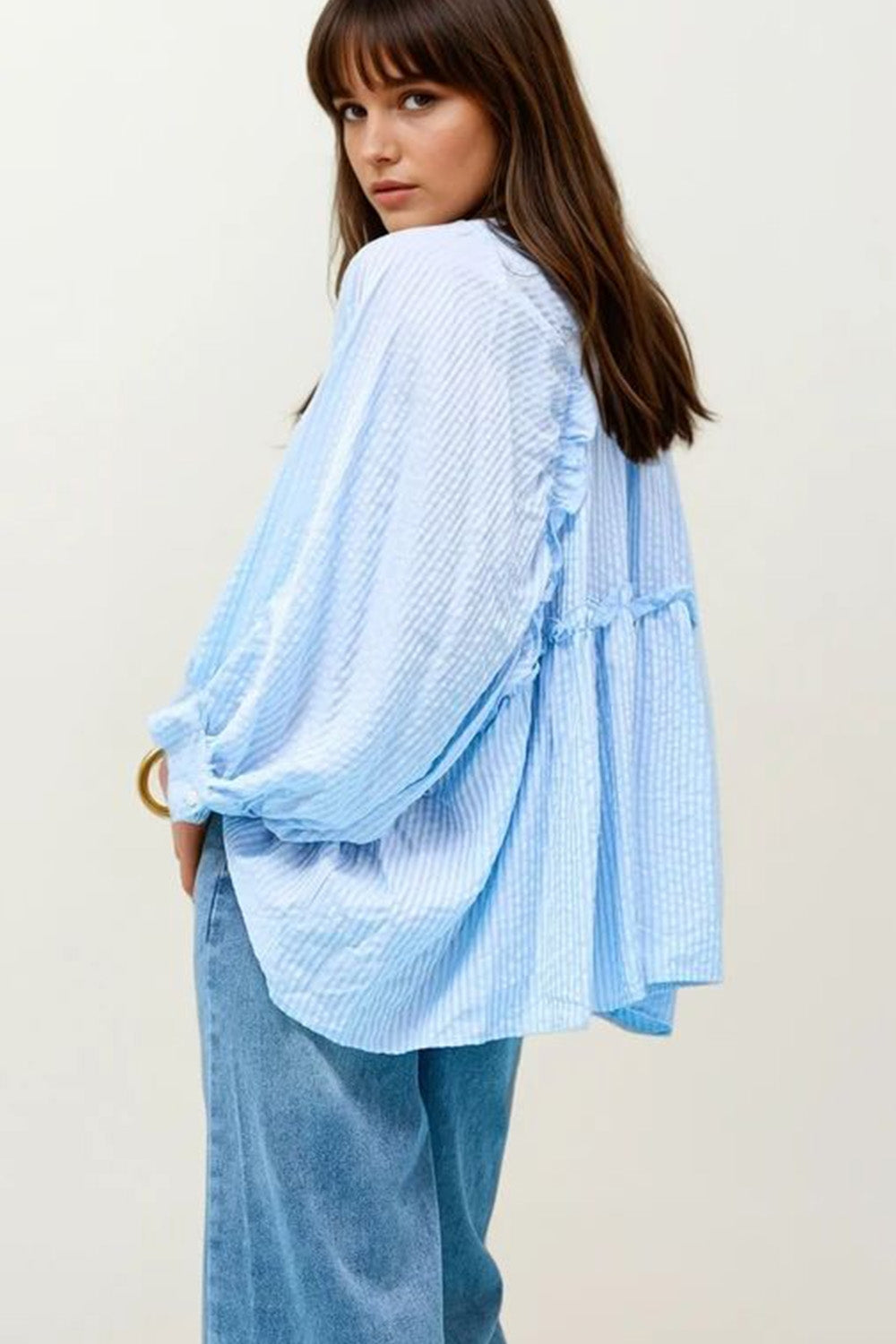 Q2 Balloon-Sleeve Striped Blouse in baby Blue
