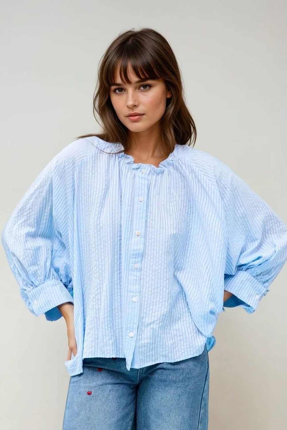 Balloon-Sleeve Striped Blouse in baby Blue