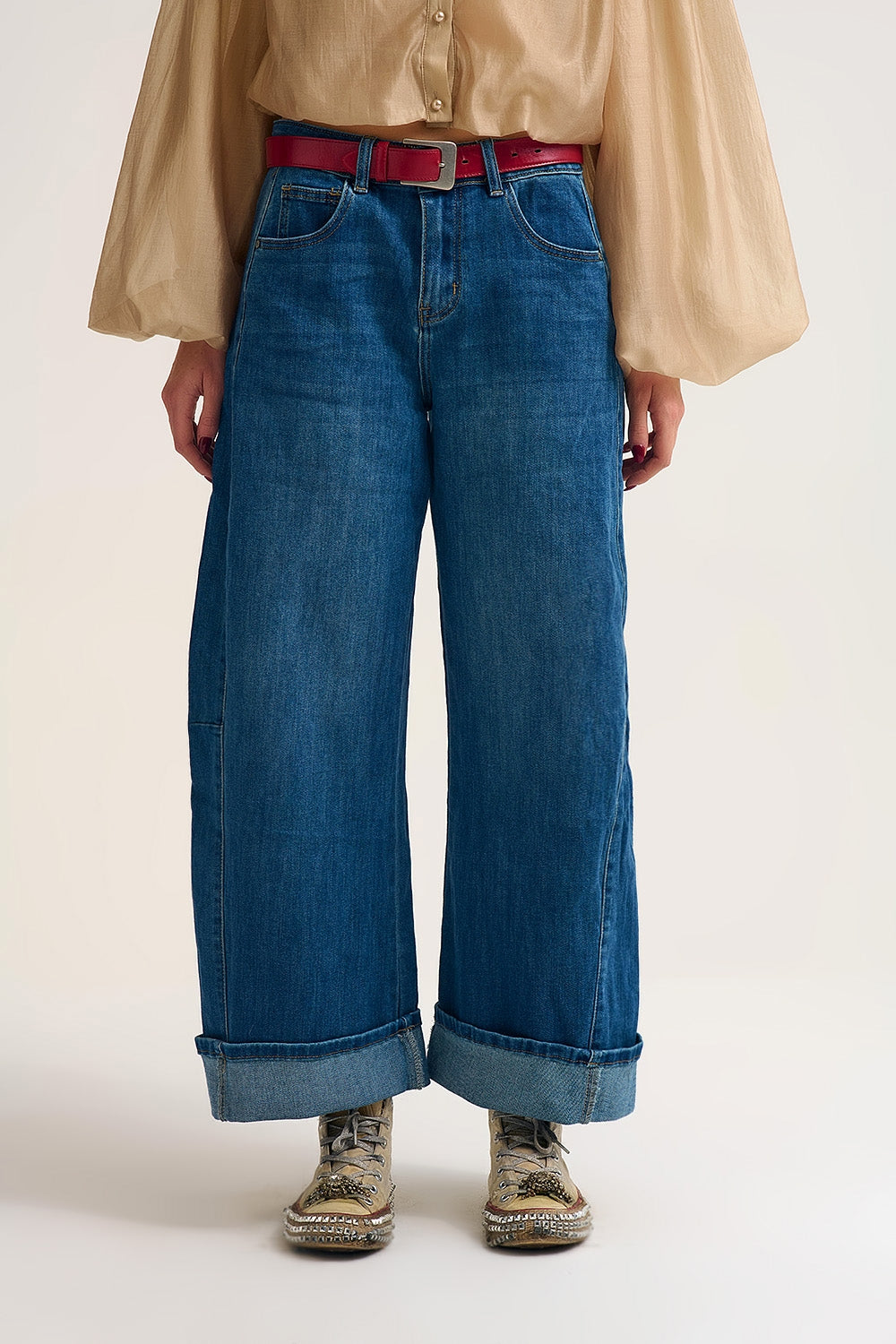 Q2 Barrel Style Denim Jeans in Medium Wash with Cuffed Hem