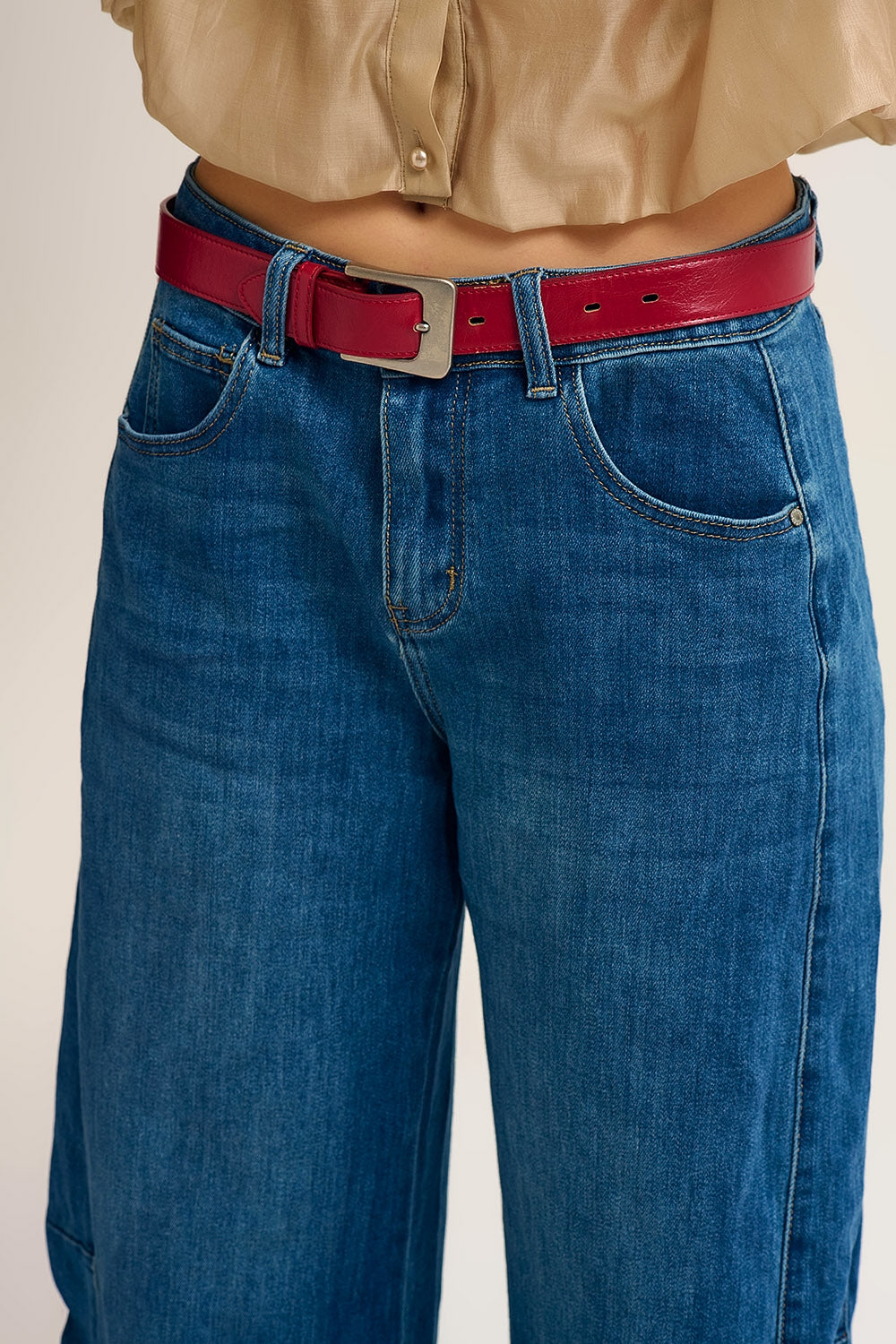 Barrel Style Denim Jeans in Medium Wash with Cuffed Hem