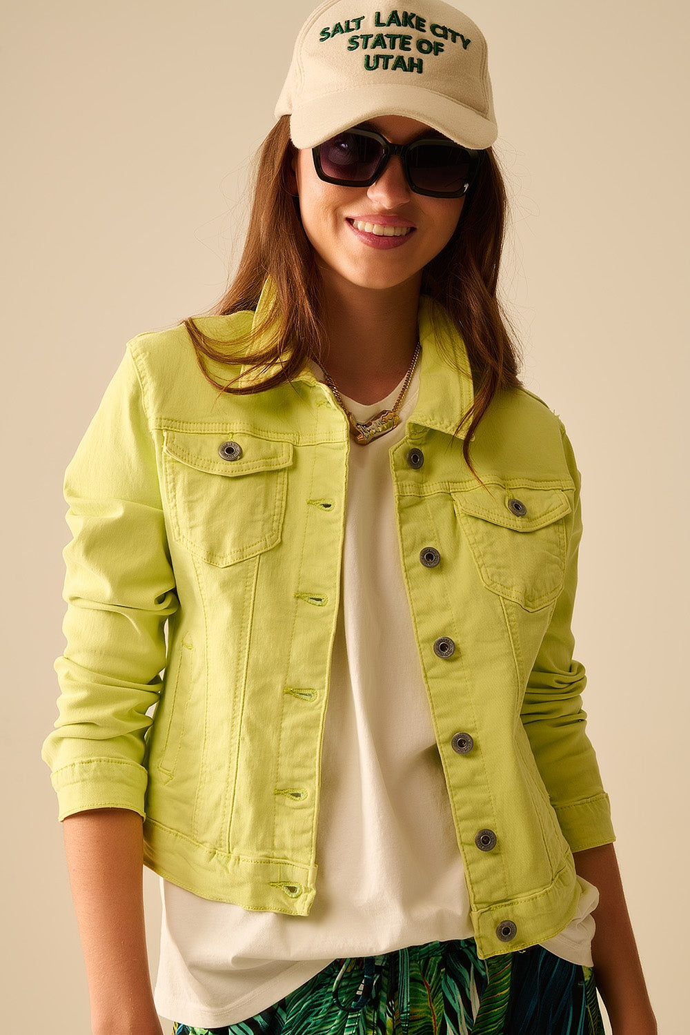Q2 Basic Denim elastic Jacket With Pockets in lime