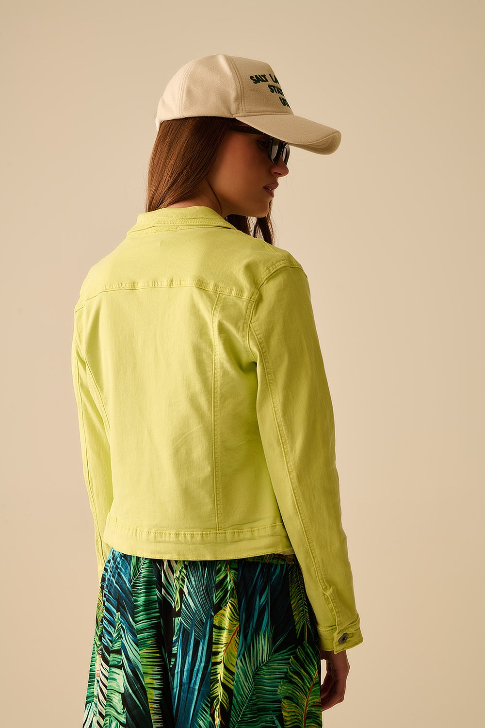 Basic Denim elastic Jacket With Pockets in lime