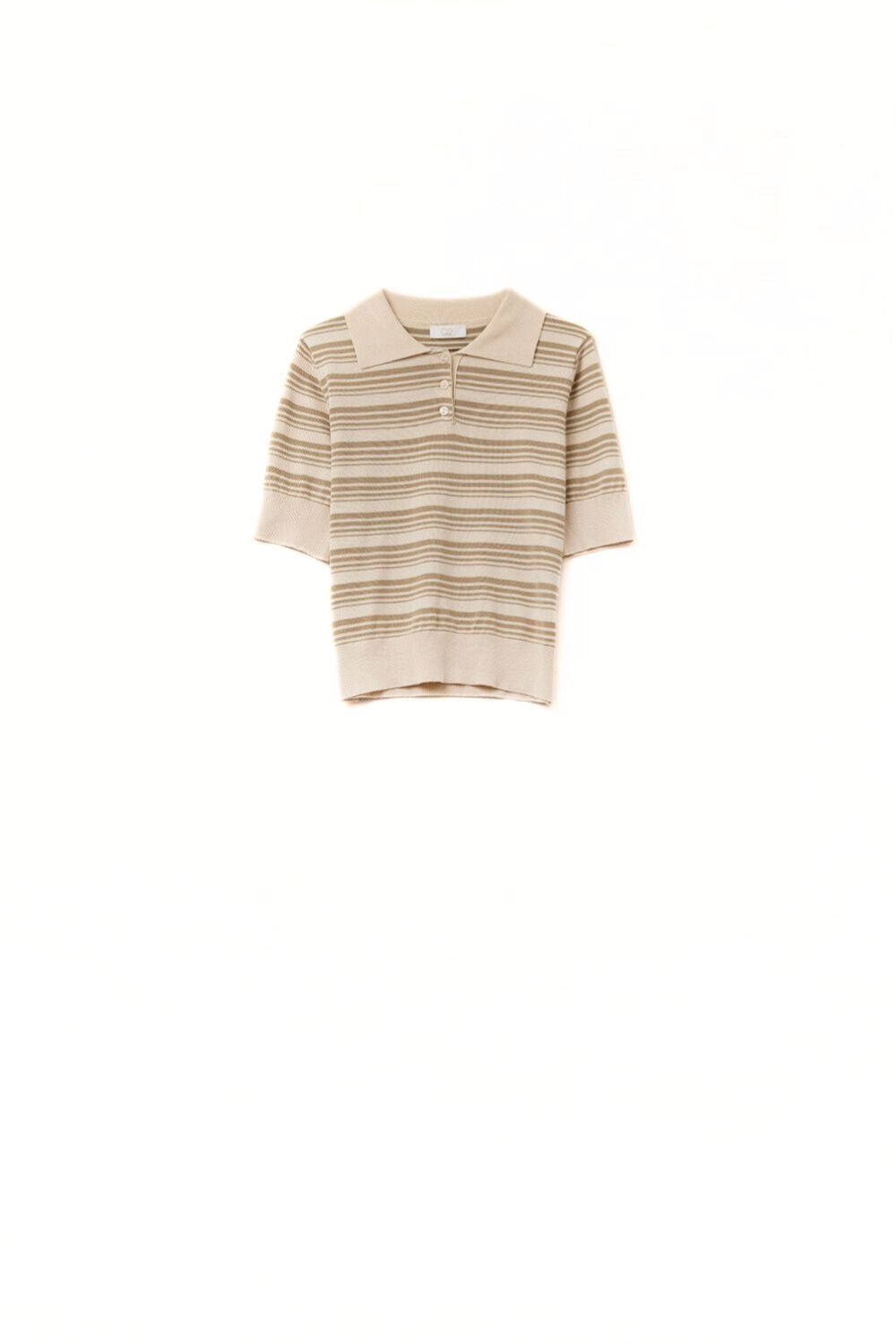 Q2 Beige and camel Striped Sweater With Polo Neck