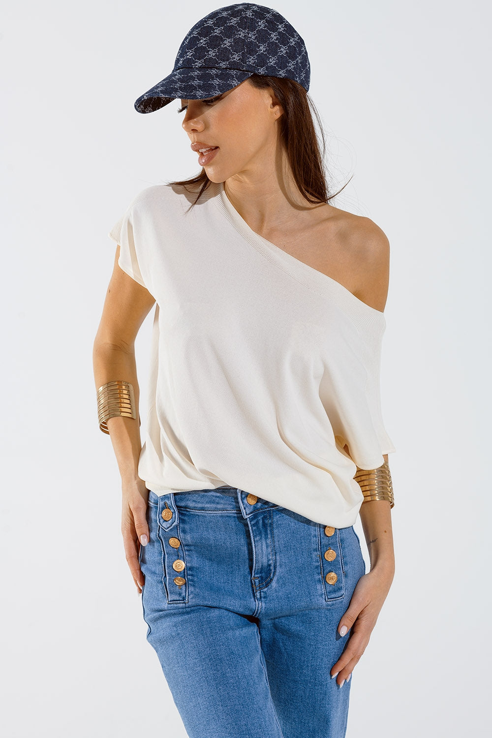 Beige boat neck relaxed sweater