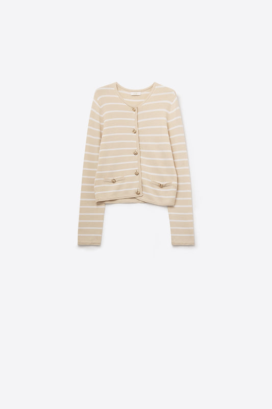Q2 Beige Cardigan with White Stripes and Gold Buttons