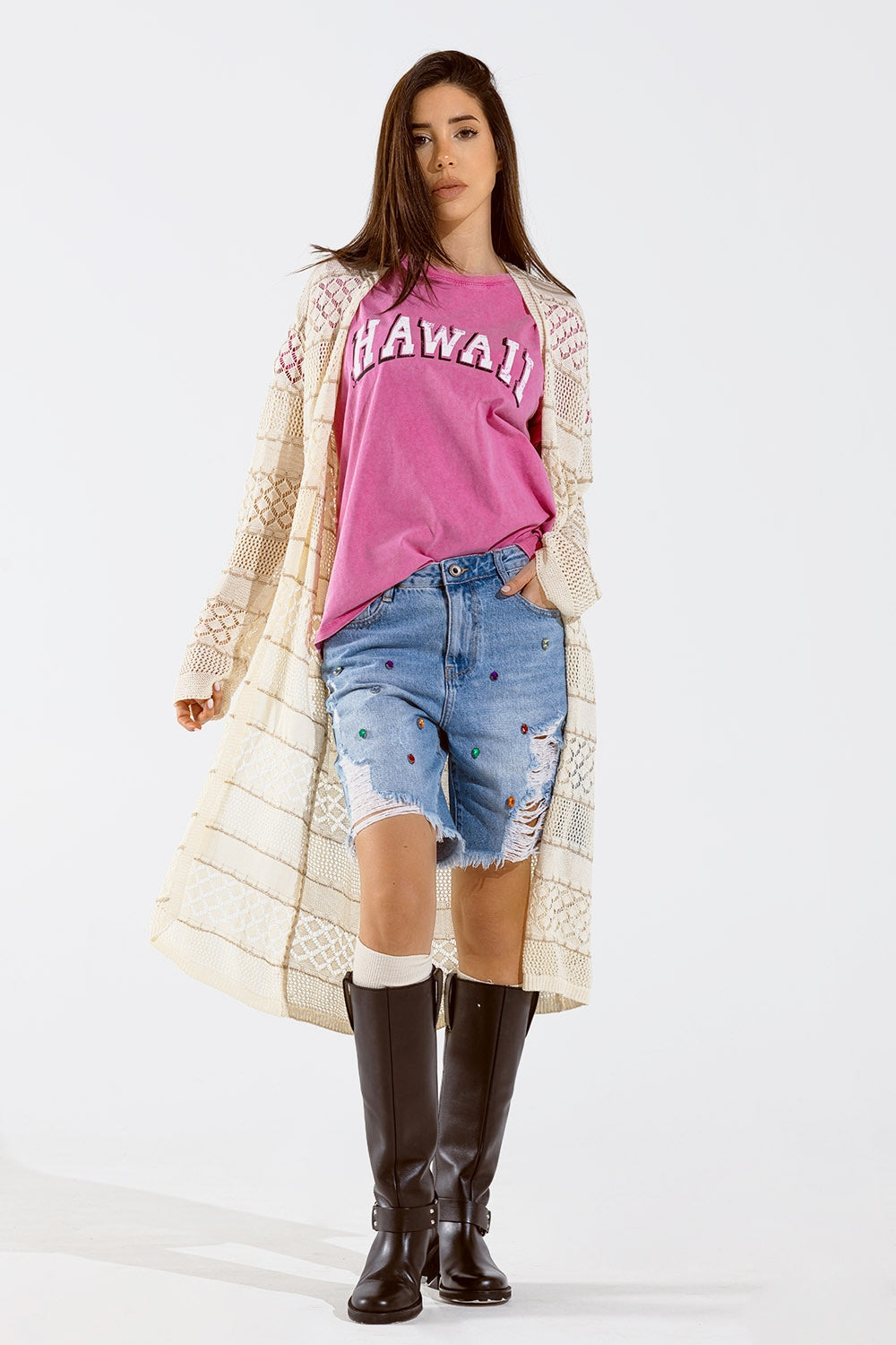 Beige Crochet Maxi Cardigan With Long Sleeves