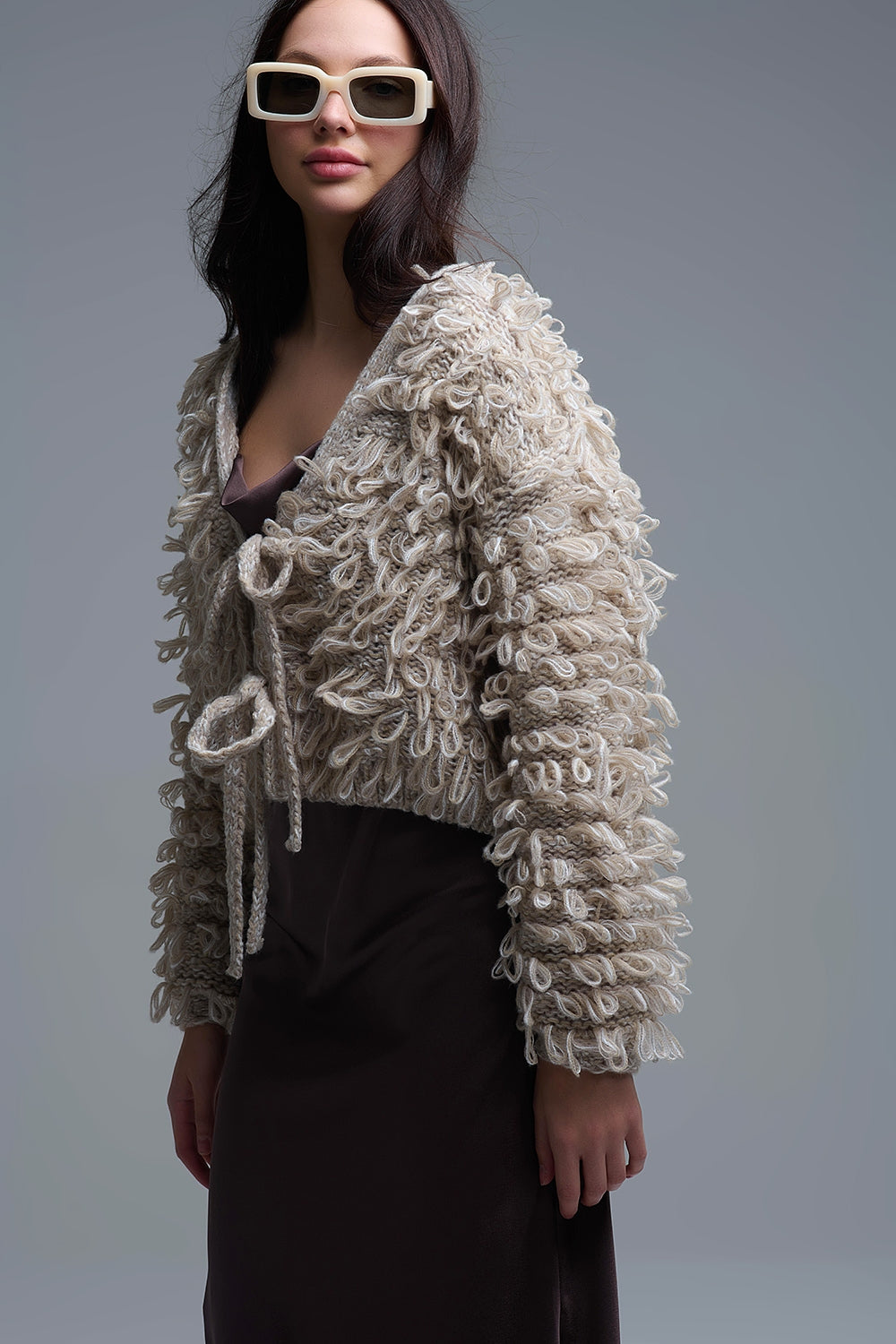 Beige Cropped chunky Knit cardigan with V-Neck and Front Tie closure