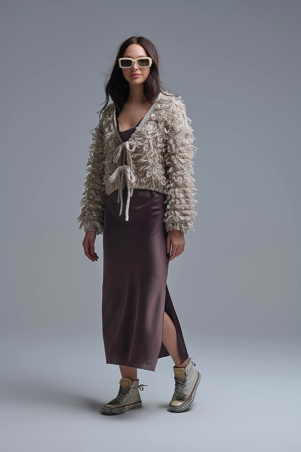 Beige Cropped chunky Knit cardigan with V-Neck and Front Tie closure