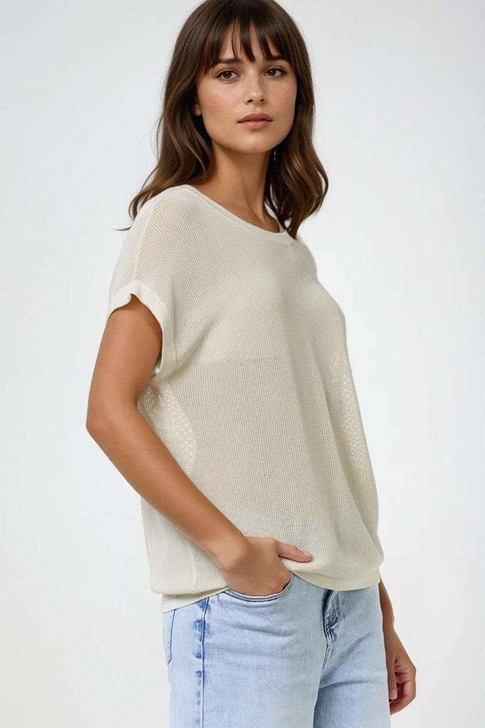 rastergebreide trui in beige kleur