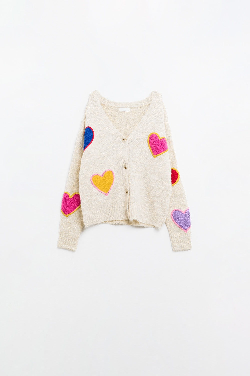 Beige gebreid vest met geborduurde hartjes