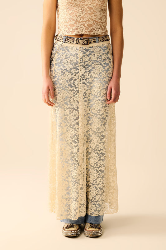 Q2 Beige Lace maxi Skirt With Floral design
