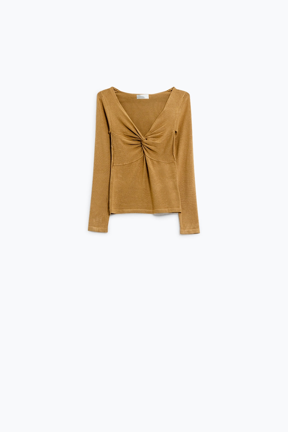 Q2 Beige Long Sleeve Shirt With Knot Detail and V-neck